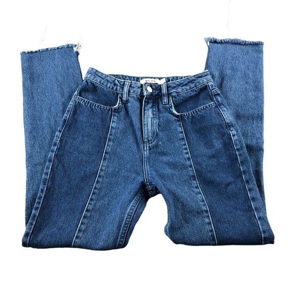 Na-kd Medium Wash Patch Work Raw Hem Front Seam High Rise Jeans, 100% Cotton - Picture 1 of 9